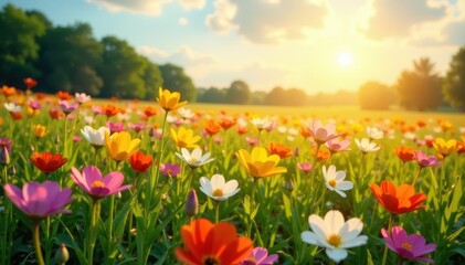 Obraz premium Sun-drenched field awash with colorful blossoms, floral, abundant