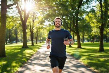 Man jogging in park with headphones and smartphone during sunny day, enjoying outdoor workout and greenery.