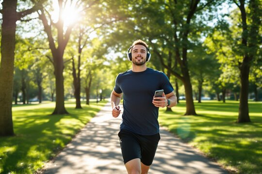 Man jogging in park with headphones and smartphone during sunny day, enjoying outdoor workout and greenery.