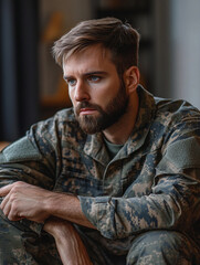 Obraz premium Masculine soldier reflecting quietly indoors