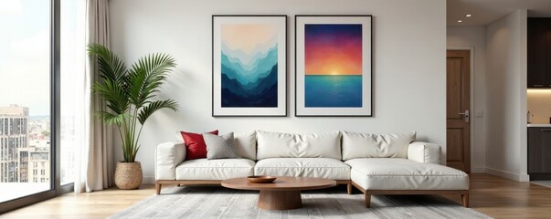 Modern minimalist living room, framed artwork on wall, presentation, style