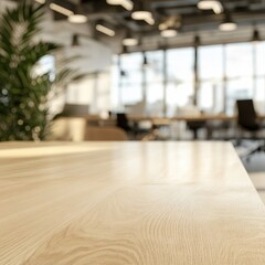 A light wooden table top is shown with a blurred office scene in the background, creating an ideal setting for product presentation.