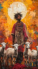Shepherd Standing Proud with Goats Against a Colorful Sky