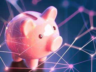 A pink piggy bank surrounded by abstract digital connections symbolizes savings, finance, and modern technology.