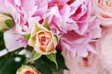 Beautiful pink roses in big bouquet.