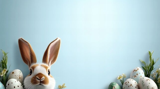 Curious rabbit with easter eggs and spring flowers on light blue background