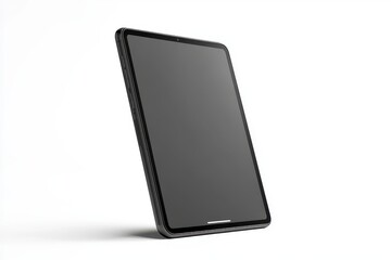 Mockup of a gray tablet standing upright with a black screen on a white background