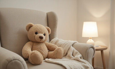 A soft, plush teddy bear with a well-loved appearance, sitting on a soft armchair with a pastel-colored blanket draped over
