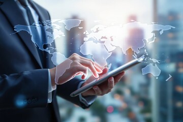Businessperson using tablet with digital world map overlay on blurred urban background.