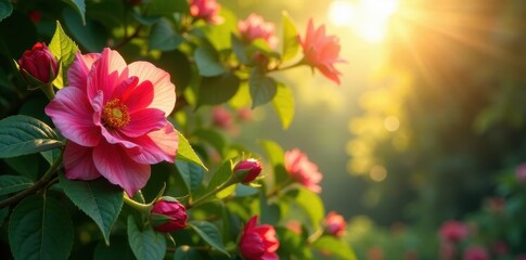 Obraz premium Sun-drenched foliage, multicolored blossoms, rich textures , lush greenery, plants