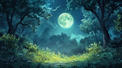 A serene night scene featuring a bright moon and lush greenery under a starry sky.