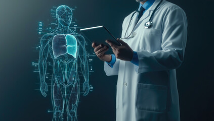 A doctor analyzing a whole-body X-ray hologram display. The concept of advanced medical diagnostics, futuristic healthcare technology, and precision in patient care. Generative AI.