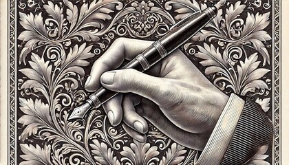 Hand with a feather pen in engraving style