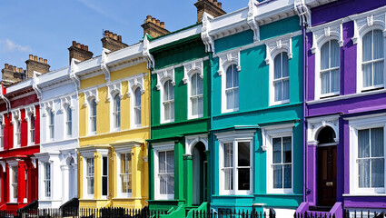 Colorful victorian houses showing notting hill style