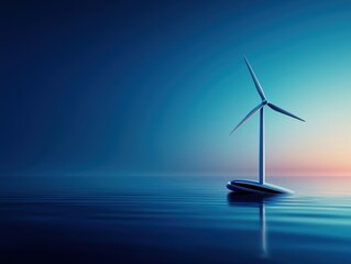 A serene image of a wind turbine on calm waters, illuminated by a soft gradient of blue and pink, symbolizing renewable energy and sustainability.