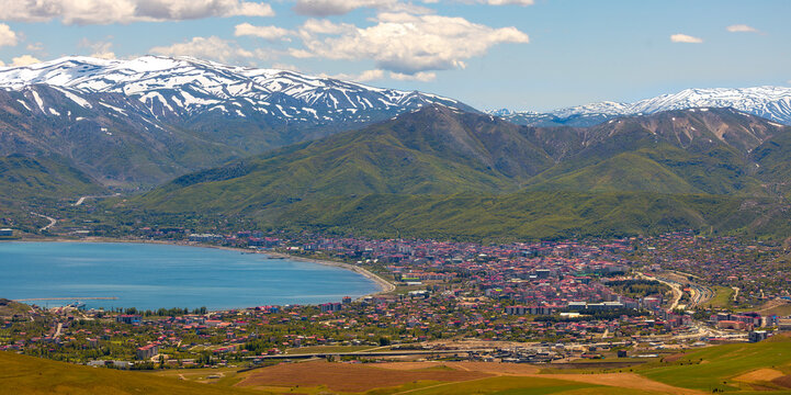 View over the Lake Van and the town of Tatvan, in the province of Bitlis, Turkey