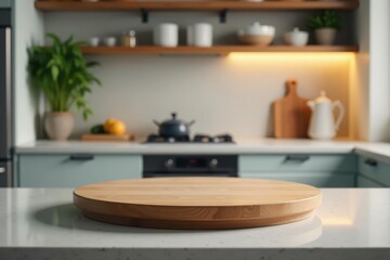 Smooth round pedestal, blurred kitchen backdrop, horizontal, texture