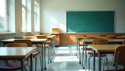 Desks and chairs in vacant classroom, blurred windows, table, wall