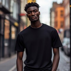 A male model wearing a black cotton t-shirt, posed casually on a city street.