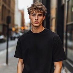 A male model wearing a black cotton t-shirt, posed casually on a city street.