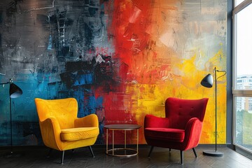 an artistic wall mural with abstract textures and vibrant colors like red, yellow, and orange, adding a bold statement to a contemporary room.