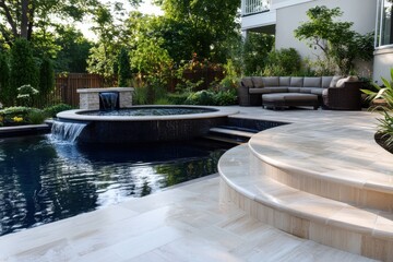 A sophisticated pool featuring a stunning waterfall and comfortable lounge area offers an inviting retreat that blends seamlessly into its lush, natural surroundings.