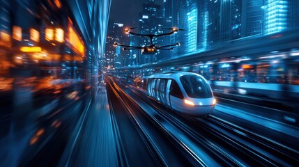 Obraz premium A futuristic urban scene featuring a high-speed train and a drone navigating through a vibrant, illuminated city at night.