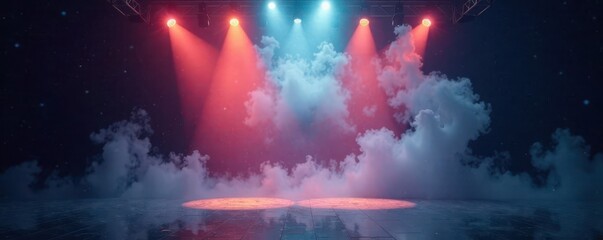 Fog-shrouded stage, vibrant spotlights highlight unseen product, stage, product launch