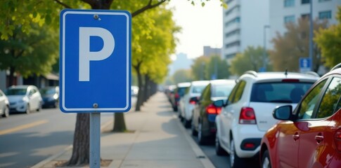 Bright blue parking sign post, row of parked vehicles, pole, parking structure