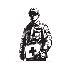 Paramedic with a first aid kit silhouette vector art black color design and solid white background