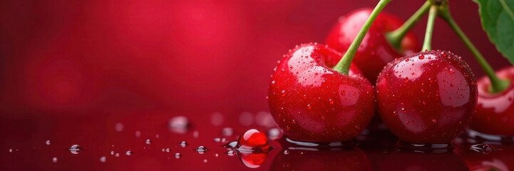 Luscious red cherries, glistening with water droplets against a vibrant red backdrop , macro, droplets