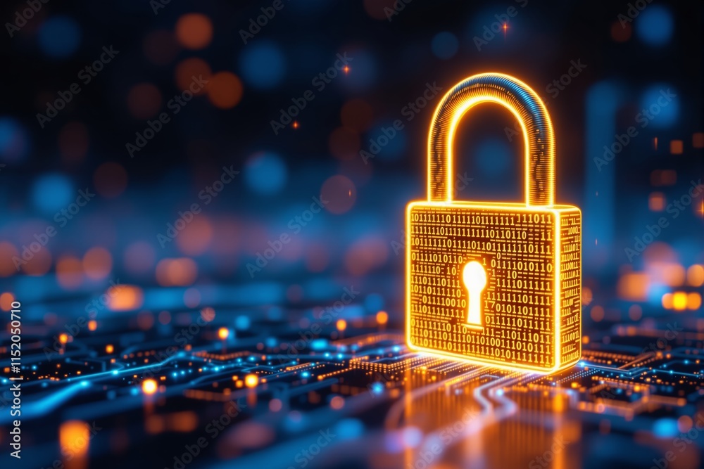 Aufkleber Cybersecurity concept with glowing padlock and binary code on digital background.