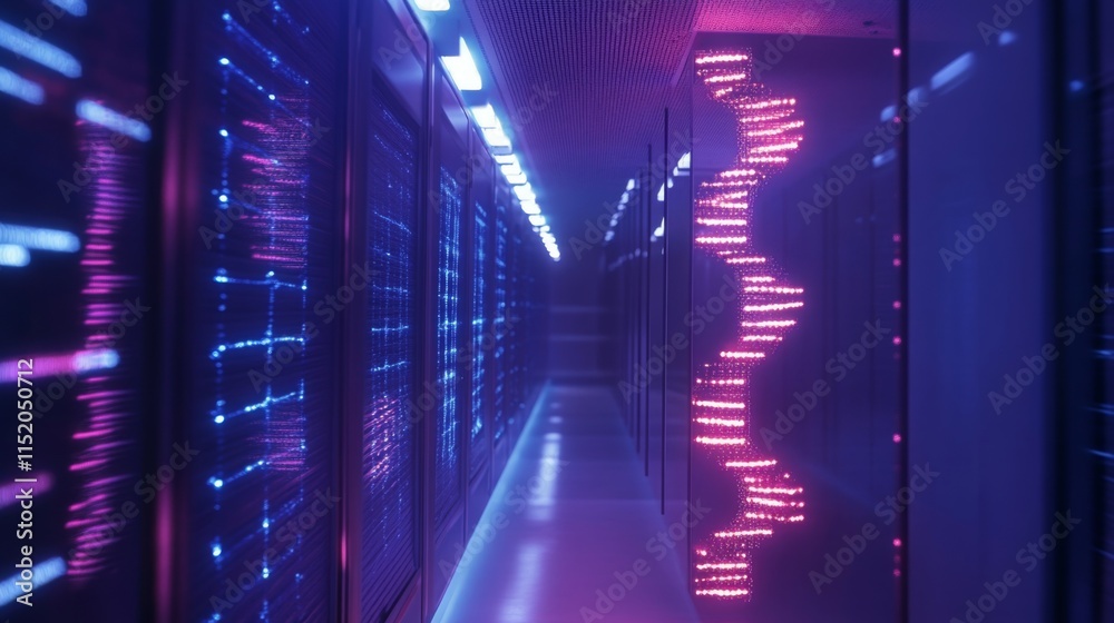 Poster futuristic technology fills the data center, illuminated by colorful led lights.