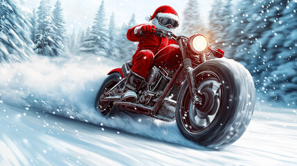 Motorcycle adapted with snowmobile style wheels, speeding through a snowy forest