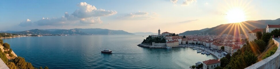 Naklejka premium Krk town panorama, Adriatic Sea, promenade Stunning coastal view , summer, horizon