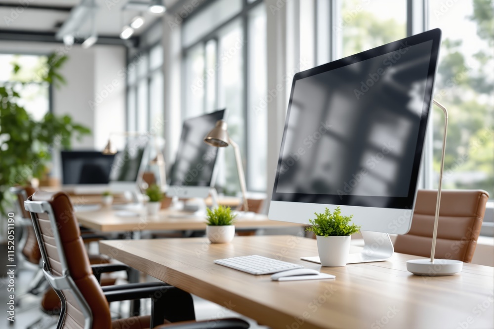 Poster modern workspace with desktop computers and greenery on wooden desks in a bright office environment.