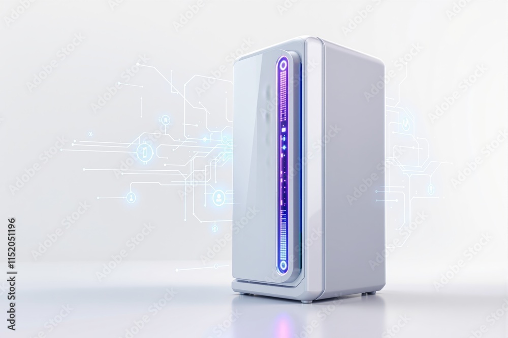 Poster White futuristic server with glowing digital interface on light background.