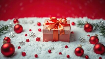 A red gift box with a satin bow and red ornaments on white snow with a blurred red background.