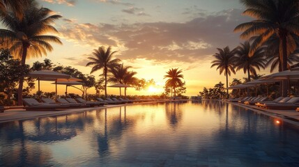 Fototapeta premium A serene sunset view over a tranquil pool surrounded by palm trees.