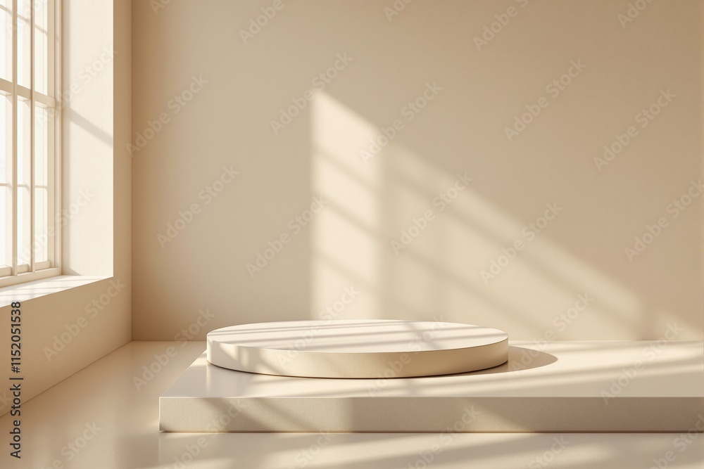 Poster minimalist beige podium in sunlight with window shadows on neutral background.