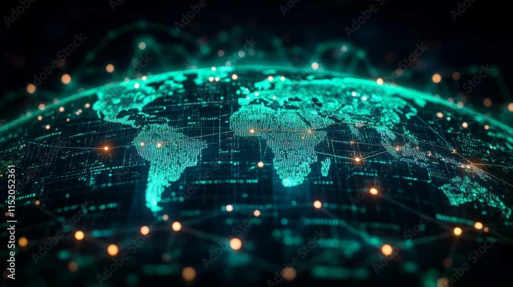 Poster A detailed view of the world illuminated by a network of light points, showcasing global connections in a digital format against a dark background.