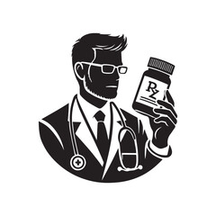 Pharmacist with a prescription bottle silhouette vector art black color design and solid white background