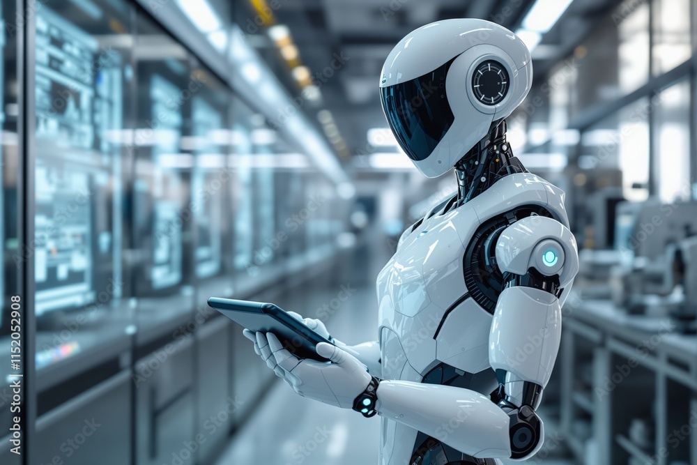 Aufkleber Futuristic humanoid robot using a digital tablet in a high-tech business environment background.
