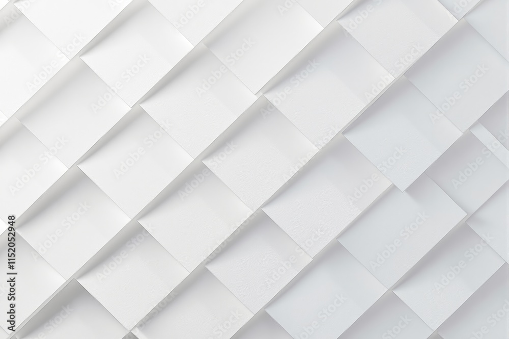 Poster Abstract white geometric background with layered square patterns and shadowed effects.
