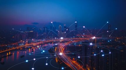 Fototapeta premium Smart digital city with connection cyber security network reciprocity over the cityscape . future smart wireless digital city and social media networking systems that connects people within the city