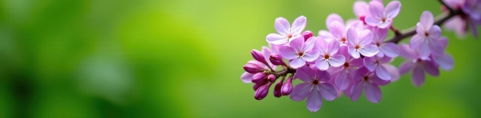 Delicate lilac branch, purple blooms against vibrant green spring foliage, springtime, spring