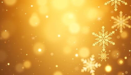 Beautiful snowflakes falling on golden background with warm bokeh and copy space