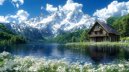 Obraz premium Lakeside cabin nestled in a mountain valley.