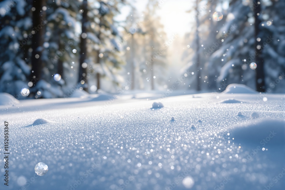 Poster close-up of sparkling snowflakes on a wintery forest floor with sunlight and blurred trees in the ba
