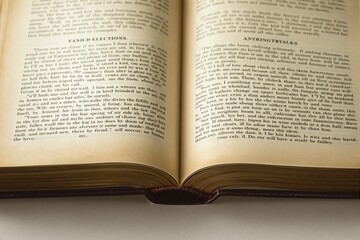 Open book with text on its pages displayed on a clean background.